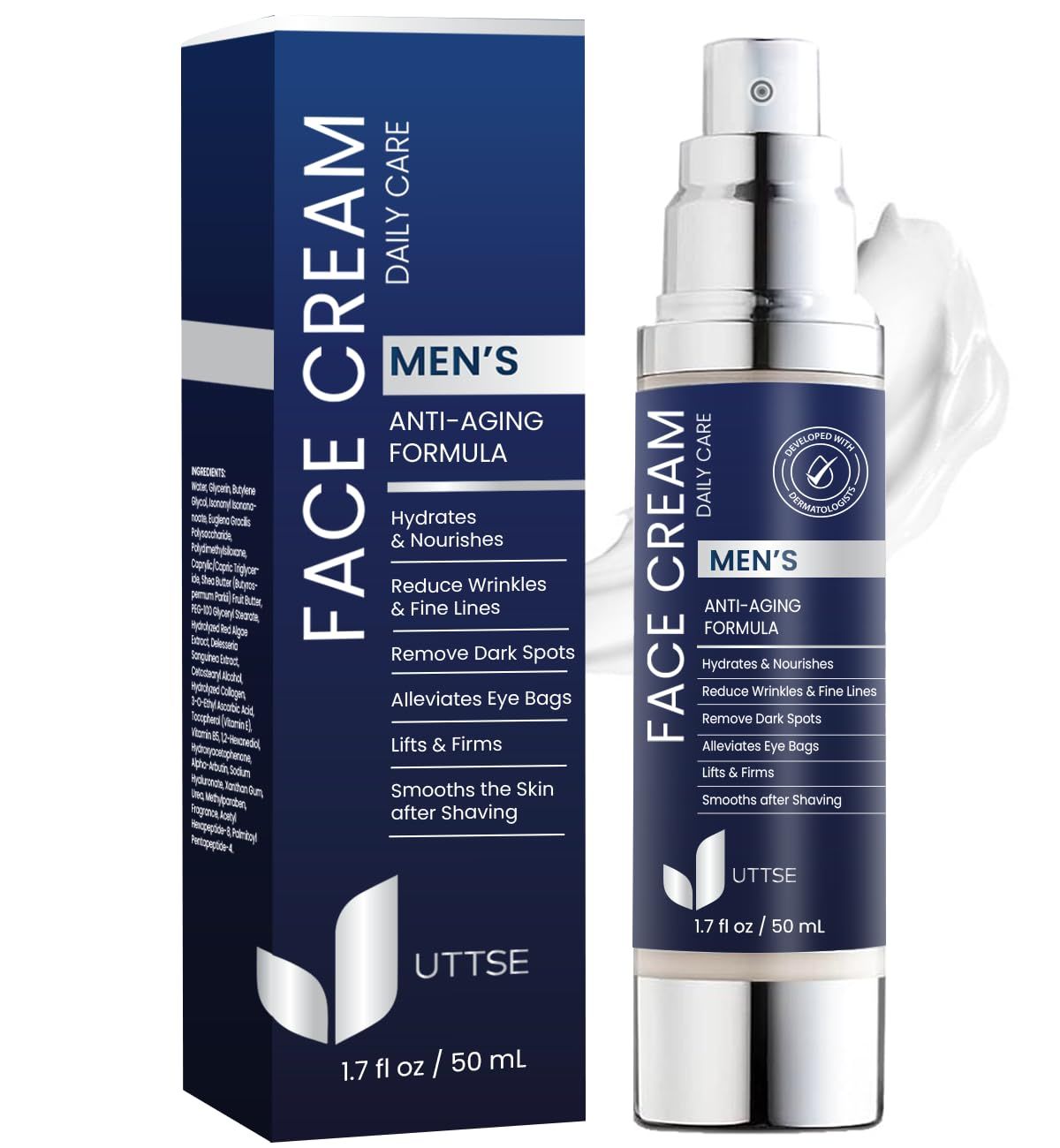 Uttse 6-in-1 Mens Face Moisturizer: Anti Aging Face Cream - Eye Bags Treatment - Skin Care for Men - 1.7 fl oz