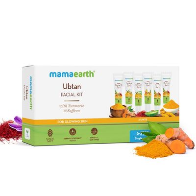 Mamaearth Ubtan Single Use Facial Kit | Gives Long Lasting Glow in Just 6-Steps | Includes Cleanser, Scrub, Gel, Massage Creams &amp; Face Pack | Turmeric &amp; Saffron Infused | 2.12 Oz/60g