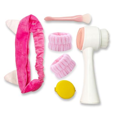 Manual Facial Cleansing Brush, Face Washing Tools,Headbands, Wrist Band Facial Mask Brush and Powder PuffPink)