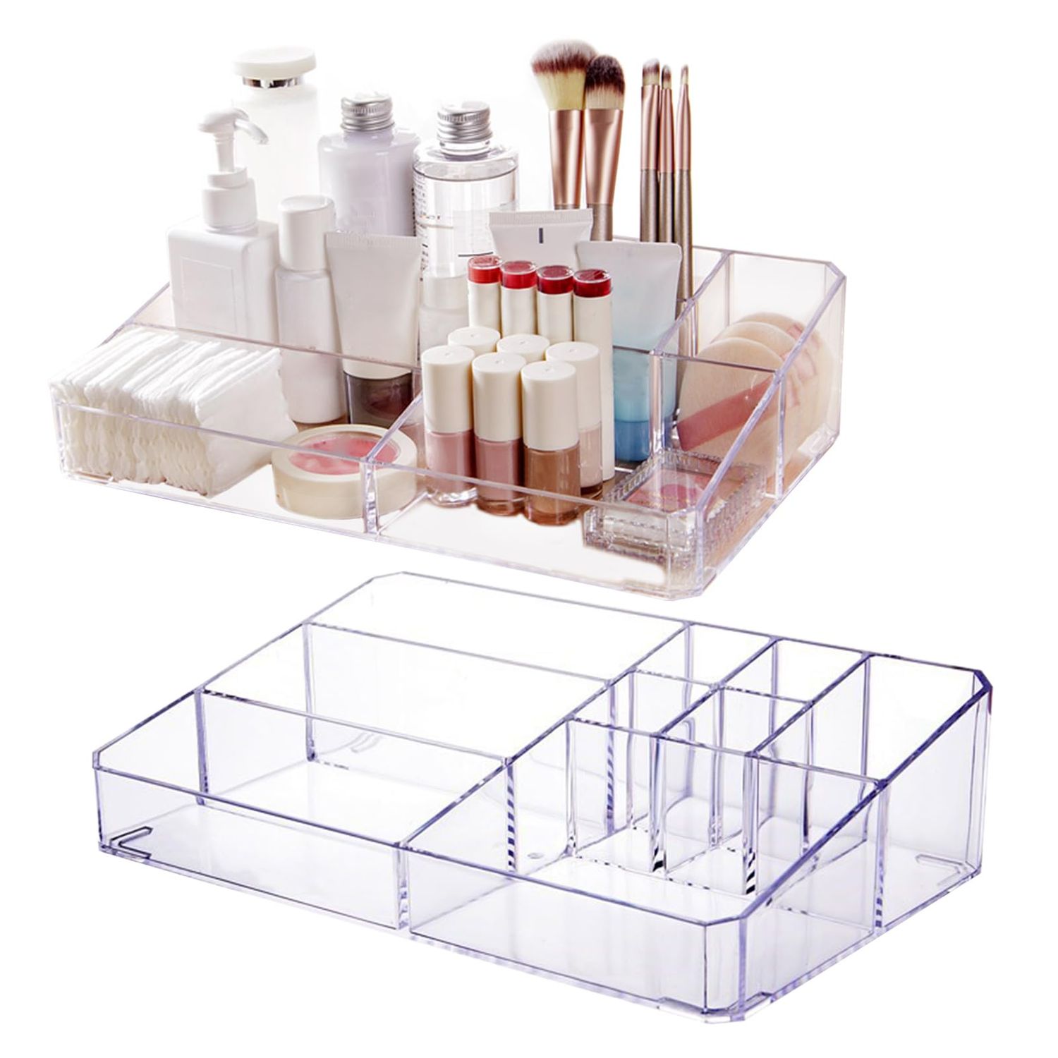 Jucoan 2 Pack Makeup Organizer Tray, Clear Acrylic 9-Compartment Vanity Skincare Cosmetics Organizer and Storage,12.5 X 7.5 X 3 Inch Cosmetic Display Case for Makeup Brush, Lipsticks