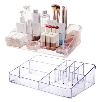 Jucoan 2 Pack Makeup Organizer Tray, Clear Acrylic 9-Compartment Vanity Skincare Cosmetics Organizer and Storage,12.5 X 7.5 X 3 Inch Cosmetic Display Case for Makeup Brush, Lipsticks