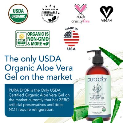 PURA D'OR 16 Oz ORGANIC Aloe Vera Gel - Lavender - All Natural - ZERO Artificial Preservatives - Deeply Hydrating &amp; Moisturizing - Sunburn, Bug Bites, Rashes, Small Cuts, Eczema Relief - Skin &amp; Hair