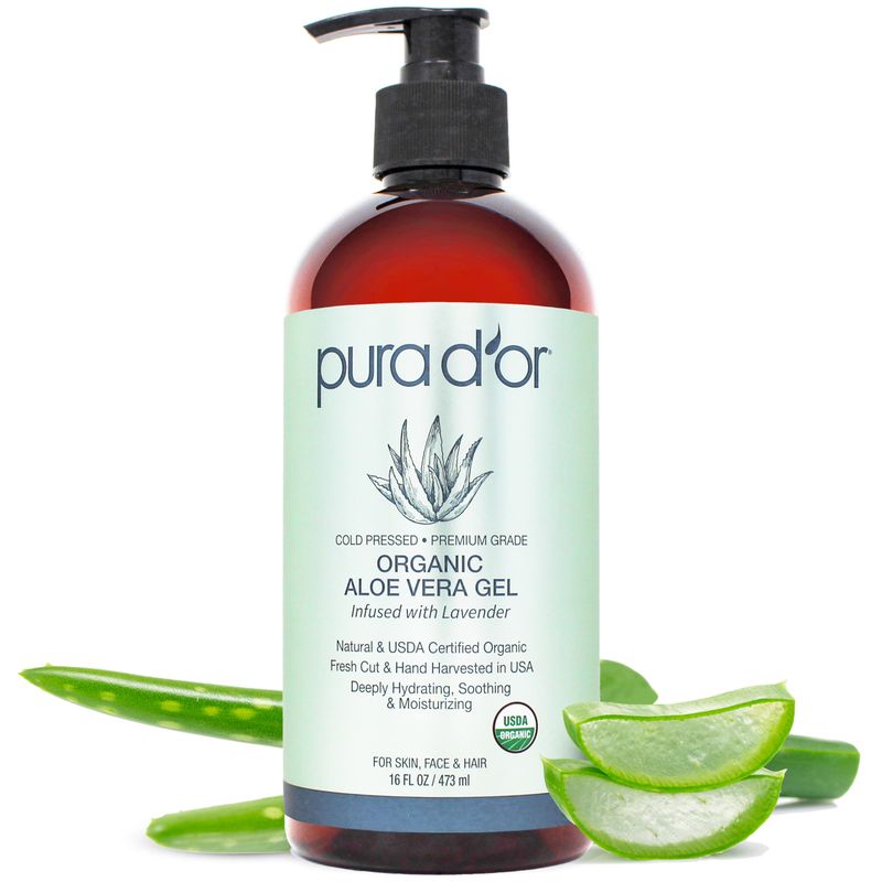 PURA D&#39;OR 16 Oz ORGANIC Aloe Vera Gel - Lavender - All Natural - ZERO Artificial Preservatives - Deeply Hydrating &amp; Moisturizing - Sunburn, Bug Bites, Rashes, Small Cuts, Eczema Relief - Skin &amp; Hair