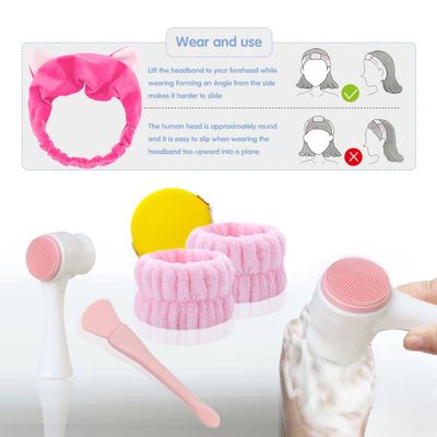 Manual Facial Cleansing Brush, Face Washing Tools,Headbands, Wrist Band Facial Mask Brush and Powder PuffPink)