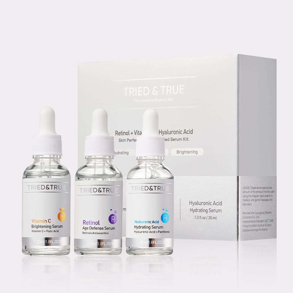 The Ageless Beauty Kit- Retinol Serum, Vitamin C Serum, and Hyaluronic Acid Serum- Skin brightening, anti-aging, skin perfecting kit- 3 Serum Set- TRIED &amp; TRUE