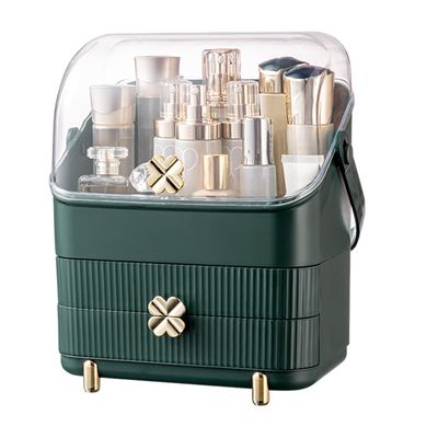 Preppy Skincare Organizers Makeup Organizer Holder Cosmetic Storage Box Display Case 3 Tiers Dust Free Cover Portable Handle 2 Rroomy Drawers Gift Great For Bathroom Countertop Dresser Dark Green