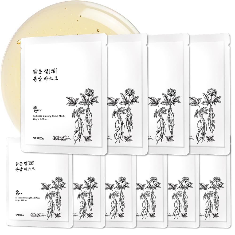 Radiance Ginseng Sheet Mask - Hydrating Face Masks for Healthy and Strengthening Skin Barrier Lactobacillus Black Tea Bifida Serum - Vegan, Cruelty Free Korean Face Mask 10 Count