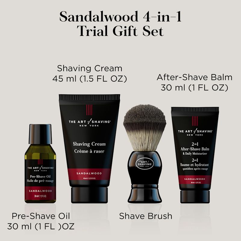 The Art of Shaving Sandalwood 4-in-1 Trial Kit - Pre-Shave Oil, Shaving Cream, Shaving Brush &amp; After-Shave Balm - Protects Against Irritation and Razor Burn - Hydrates and Nourishes Dry Skin