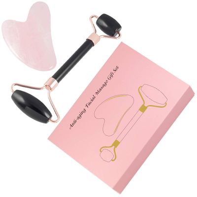 mookaitedecor Obsidian Roller &amp; Rose Quartz Gua Sha Scraping Massage Tool Set, Face Massager for Wrinkles, Anti Aging