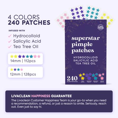 LivaClean Star Pimple Patches for Face w/Hydrocolloid, Salicylic Acid & Tea Tree | 240 Patches | Hydrocolloid Acne Patches, Cute Star Pimple Patches for Healing Stickers Zit Patch Superstar