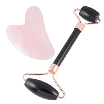 mookaitedecor Obsidian Roller &amp; Rose Quartz Gua Sha Scraping Massage Tool Set, Face Massager for Wrinkles, Anti Aging
