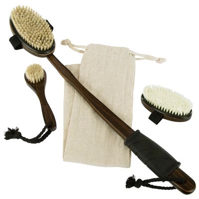Vive Dry Brush Set for Lymphatic Drainage (3 Pieces) - Brushing Scrubber for Exfoliating, Body Cellulite and Skin Massage - 100% Natural Boar Hair Bristles, 14 Long Dark Wooden Handle w/Storage Bag