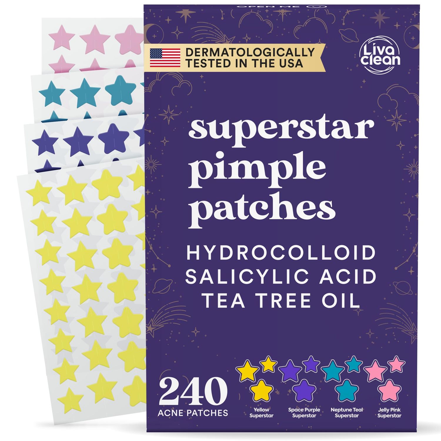 LivaClean Star Pimple Patches for Face w/Hydrocolloid, Salicylic Acid &amp; Tea Tree | 240 Patches | Hydrocolloid Acne Patches, Cute Star Pimple Patches for Healing Stickers Zit Patch Superstar