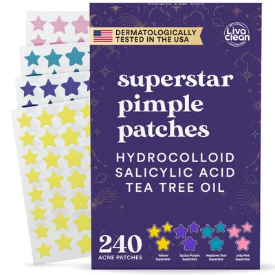 LivaClean Star Pimple Patches for Face w/Hydrocolloid, Salicylic Acid &amp; Tea Tree | 240 Patches | Hydrocolloid Acne Patches, Cute Star Pimple Patches for Healing Stickers Zit Patch Superstar