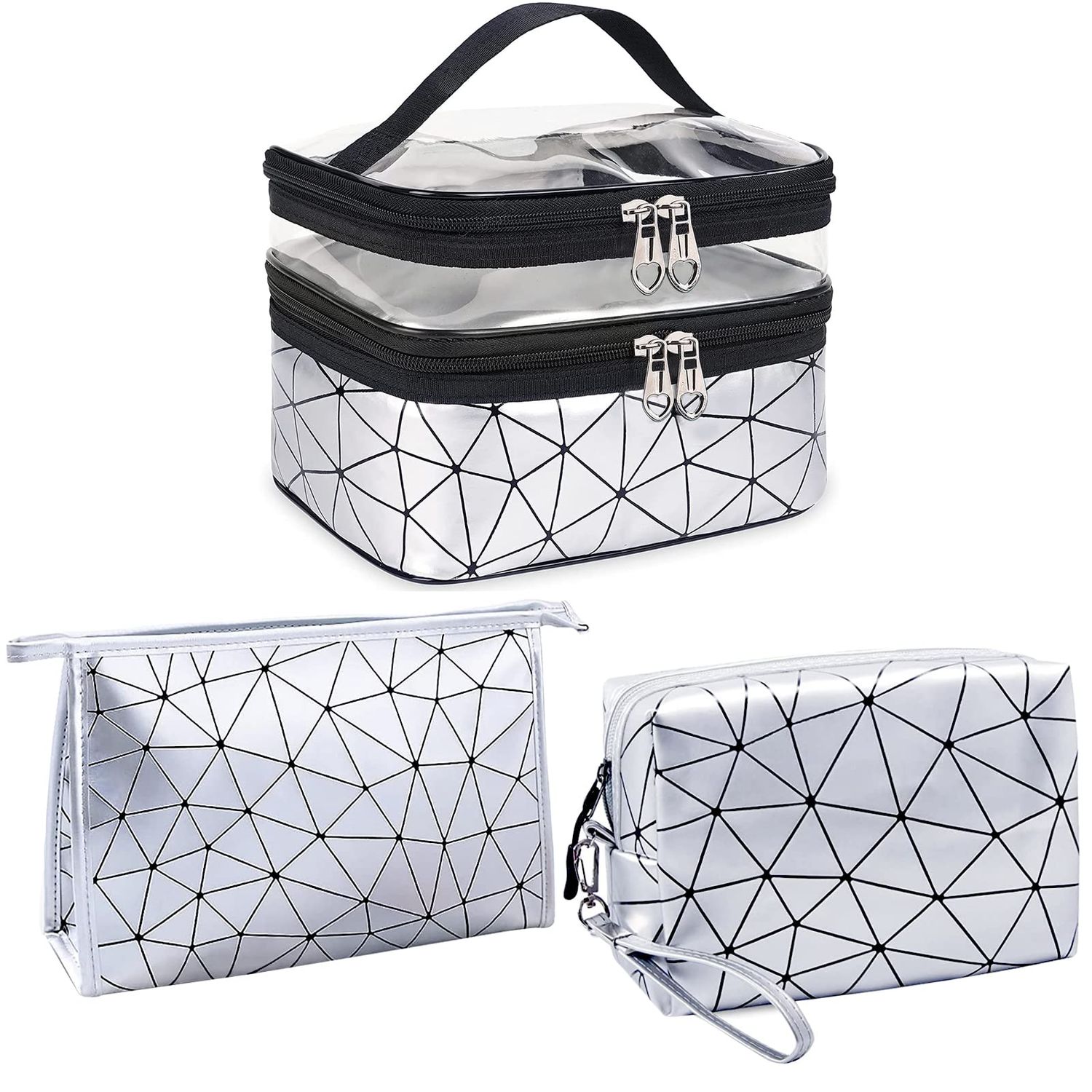 weallbuy Travel Makeup Bag Organizer, Waterproofing Toiletry Bag Set, Skincare Bag with 2 Cosmetic Bags for Women (Silver)