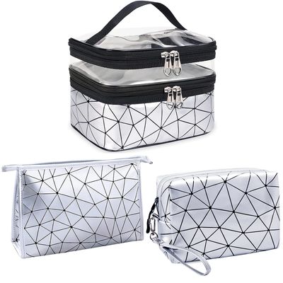 weallbuy Travel Makeup Bag Organizer, Waterproofing Toiletry Bag Set, Skincare Bag with 2 Cosmetic Bags for Women (Silver)