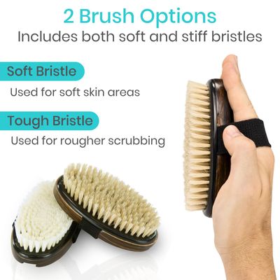 Vive Dry Brush Set for Lymphatic Drainage (3 Pieces) - Brushing Scrubber for Exfoliating, Body Cellulite and Skin Massage - 100% Natural Boar Hair Bristles, 14 Long Dark Wooden Handle w/Storage Bag