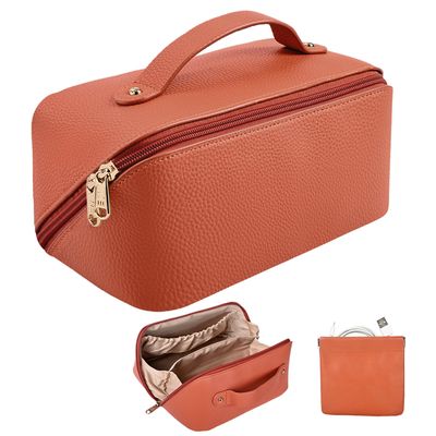 Vroknvs Travel Makeup Bag,Cosmetic Bag,PU Leather Makeup Bag,Portable Makeup Bag,Makeup Storage Bag,Toiletry Bag,Skincare Bag,Large Opening Cosmetic Organizer for Women Girls (Orange)