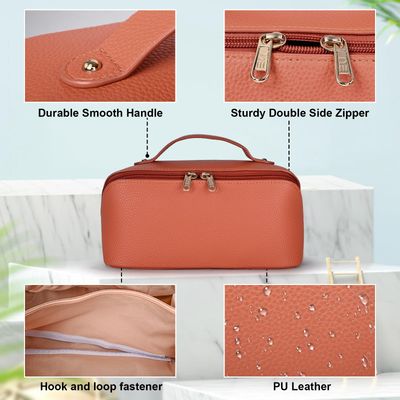 Vroknvs Travel Makeup Bag,Cosmetic Bag,PU Leather Makeup Bag,Portable Makeup Bag,Makeup Storage Bag,Toiletry Bag,Skincare Bag,Large Opening Cosmetic Organizer for Women Girls (Orange)
