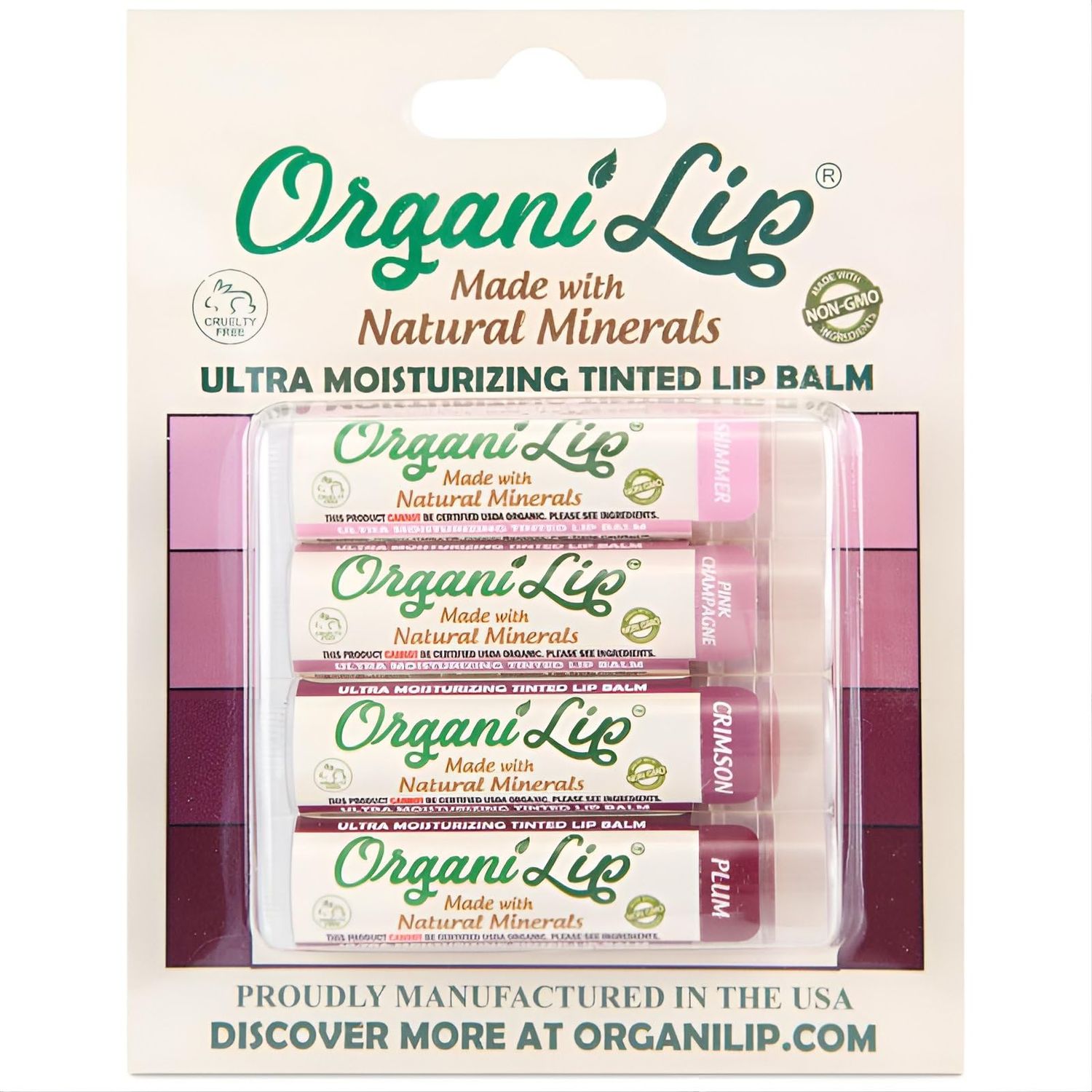 OrganiLip Tinted Lip Balm Moisturizer - Natural Moisturizer for Cracked &amp; Dry Lips - All-Day Ultra Moisturizing Lip Care for Kids and Adults - Shimmer, Pink Champagne, Crimson, Plum Colors - 4 Pack