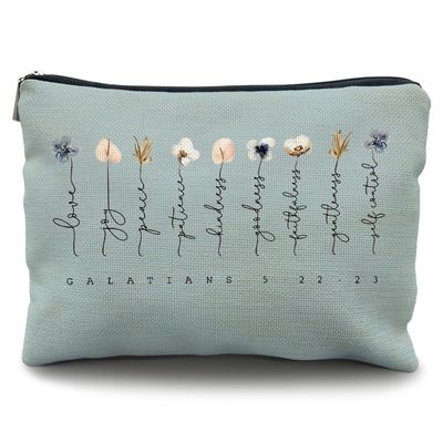 Likjad Christian Flower Makeup Bag,Galatians 5:22-23,Fruit of the Spirit,Christian Gifts for Women Girl,Bible Verse Gifts,Inspirational Gifts for Women Girls,Bible Verse Cosmetic Bag(grey blue)