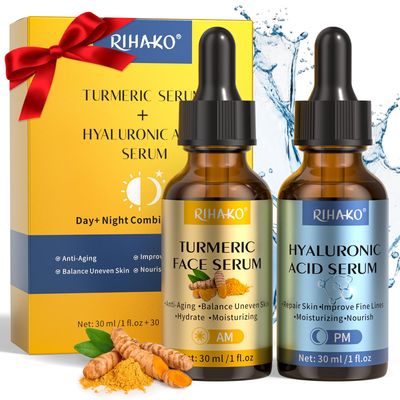 RIHAKO Face Skincare Serum Set- Turmeric Vitamin C &amp; Hyaluronic Acid Serum For Wrinkles, Uneven Skin Tone