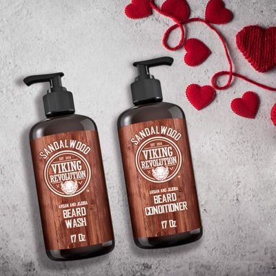 Viking Revolution Beard Wash &amp; Beard Conditioner Set with Argan &amp; Jojoba Oils - Softens and Strengthens - Natural Sandalwood Scent - Beard Shampoo with Beard Oil (17 oz)