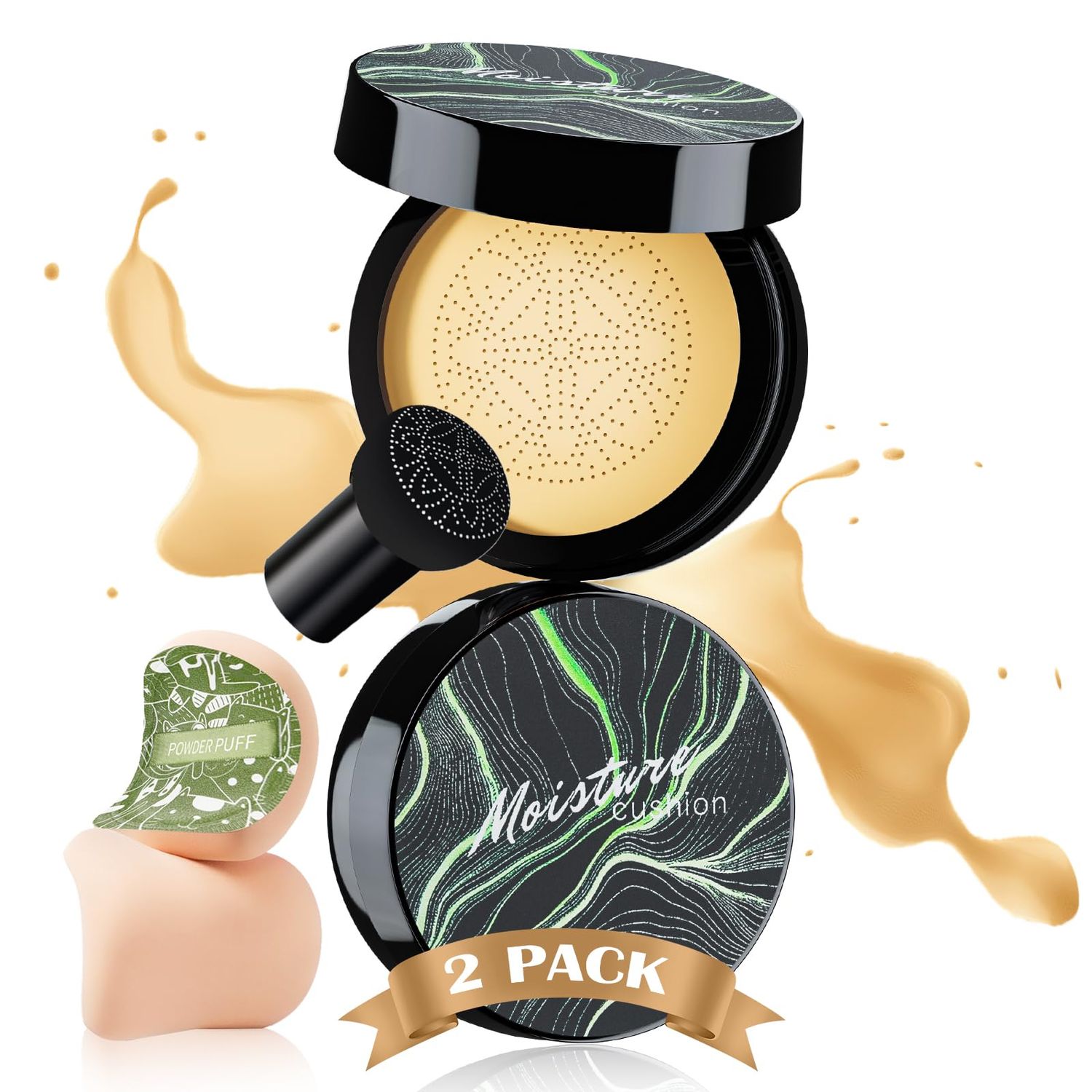 Mushroom Head Air Cushion CC Cream 2PCS with Power Puff, BB Cream Face Makeup Foundation for Mature Skin Moisturizing Concealer Brighten Long-Lasting, Skin Tone for All Skin Types, Buff Beige
