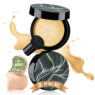 Mushroom Head Air Cushion CC Cream 2PCS with Power Puff, BB Cream Face Makeup Foundation for Mature Skin Moisturizing Concealer Brighten Long-Lasting, Skin Tone for All Skin Types, Buff Beige