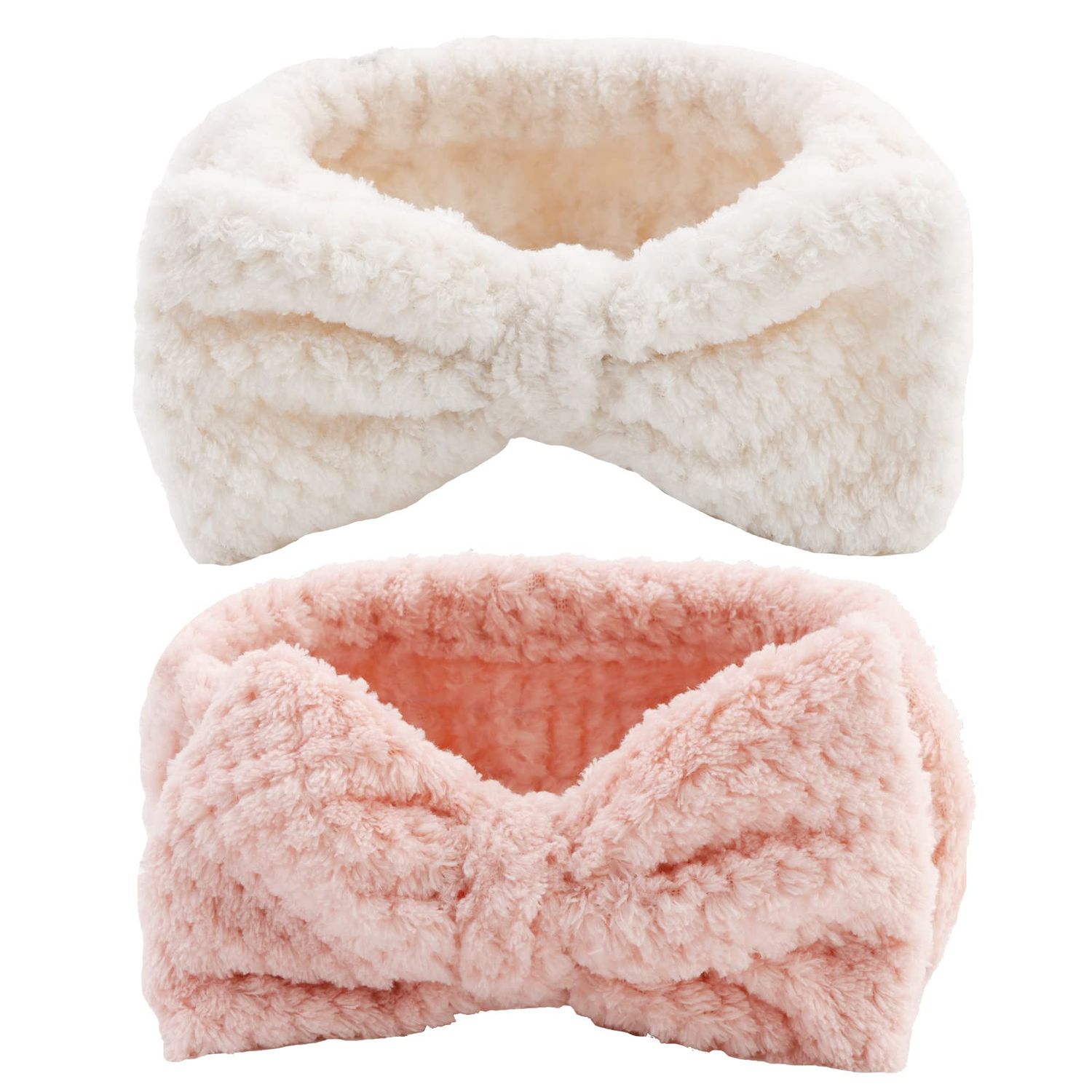 YISSION 2PCS Spa Headband with Bow No Slip Head Band for Face Wash Makeup Skincare Facial Headband Elastic Hair Band Microfiber Headbands for Women Girls (White Pink)