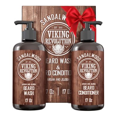 Viking Revolution Beard Wash &amp; Beard Conditioner Set with Argan &amp; Jojoba Oils - Softens and Strengthens - Natural Sandalwood Scent - Beard Shampoo with Beard Oil (17 oz)