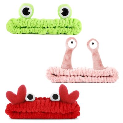 WLLHYF 3 Pack Spa Headband Face Wash Hairband Facial Makeup Head Wraps Cartoon Elastic Head Band Cute Frog Snail Crab Shower Headband Creative Hair Accessories for Beauty Skincare Sports