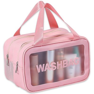 YIMIKE Travel Toiletry Bag,Clear Makeup Bag,Cosmetics Bag,Transparent Skin Care Bag,Waterproof &amp; Draining Make up Bags,PVC Toiletry Organizer Thickened Wash Bag for Women Men (Medium-Pink)