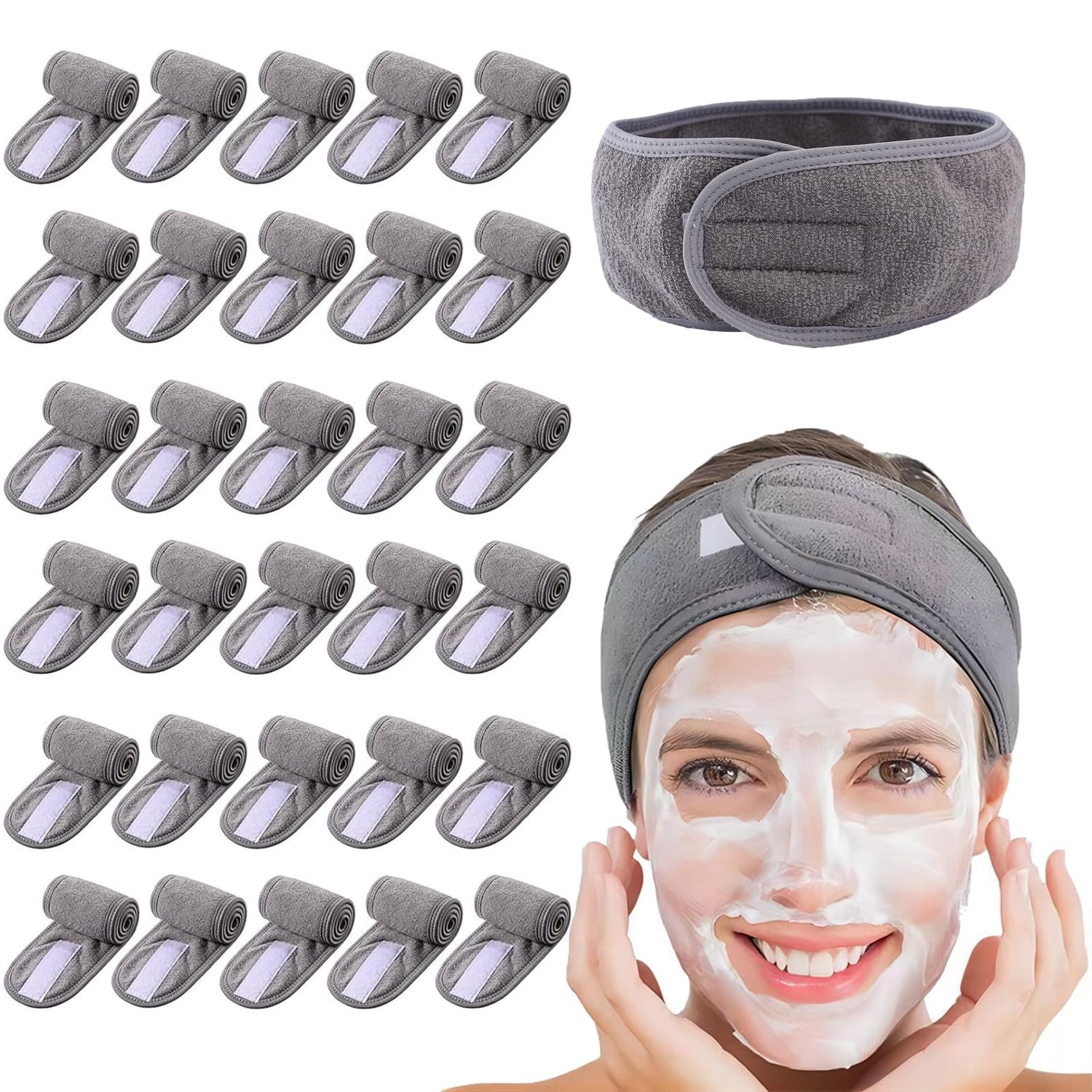 JACYUIG 30 Pack Spa Headband Bulk Spa Facial Headband Adjustable Skincare Headband with Non Slip Tape for Washing Face Makeup Shower Sport Facial Mask Yoga,Gray