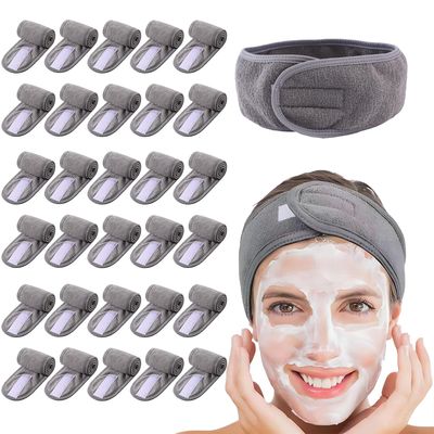 JACYUIG 30 Pack Spa Headband Bulk Spa Facial Headband Adjustable Skincare Headband with Non Slip Tape for Washing Face Makeup Shower Sport Facial Mask Yoga,Gray