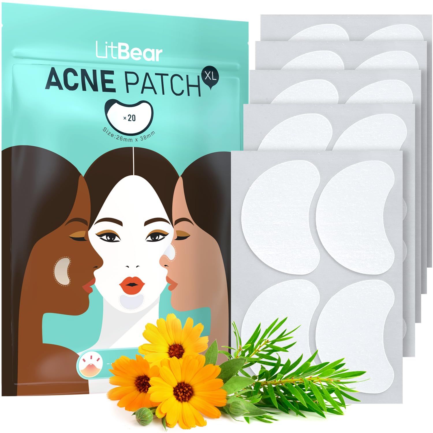 LitBear Acne Patches Large, Hydrocolloid Pimple Patches for Large Breakouts, Zit and Blemish, Large Acne Patches for Face, Chin, Back and Body with Tea Tree &amp; Calendula Oil