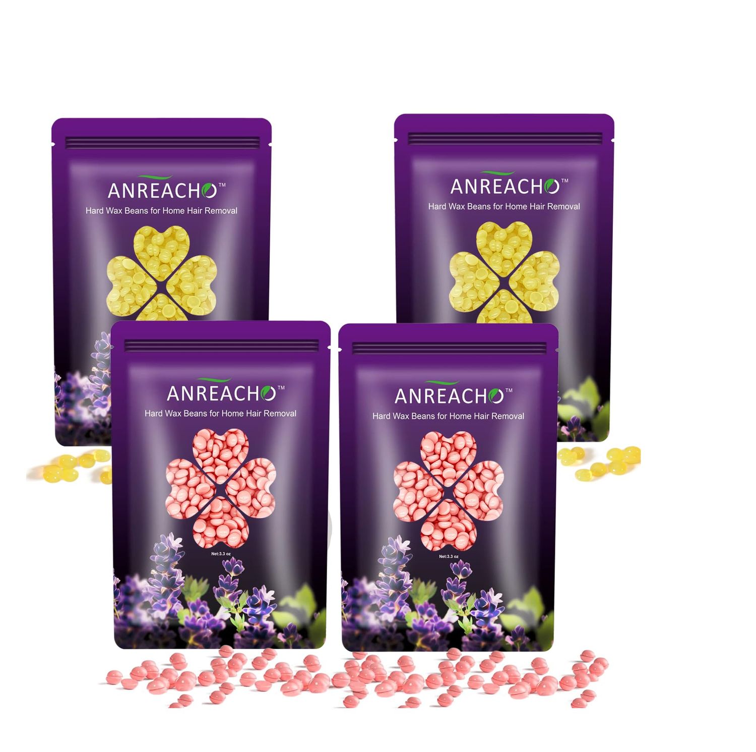 Wax Beads for Hair Removal, ANREACHO Hard Wax Beads for Sensitive Skin, 4 Packs Waxing Beans for Brazilian Bikini Eyebrow Legs Armpit Facial, 400g At Home Wax Refill (2 Pink &amp; 2 Honey)