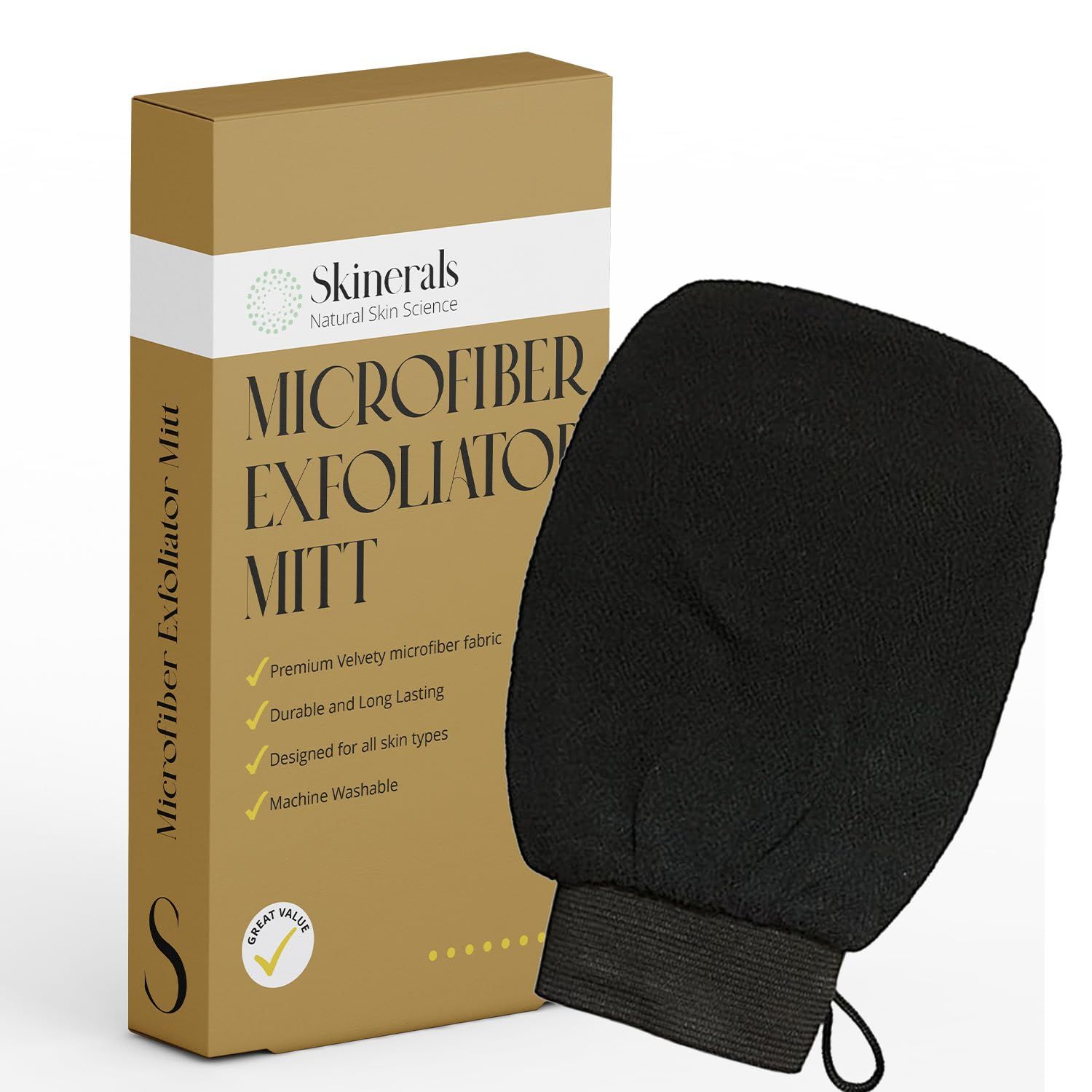 Skinerals Premium Exfoliating Mitt, Exfoliator Glove &amp; Self Tanner Prep, Body Exfoliator Scrubber for Ultimate Smoothness