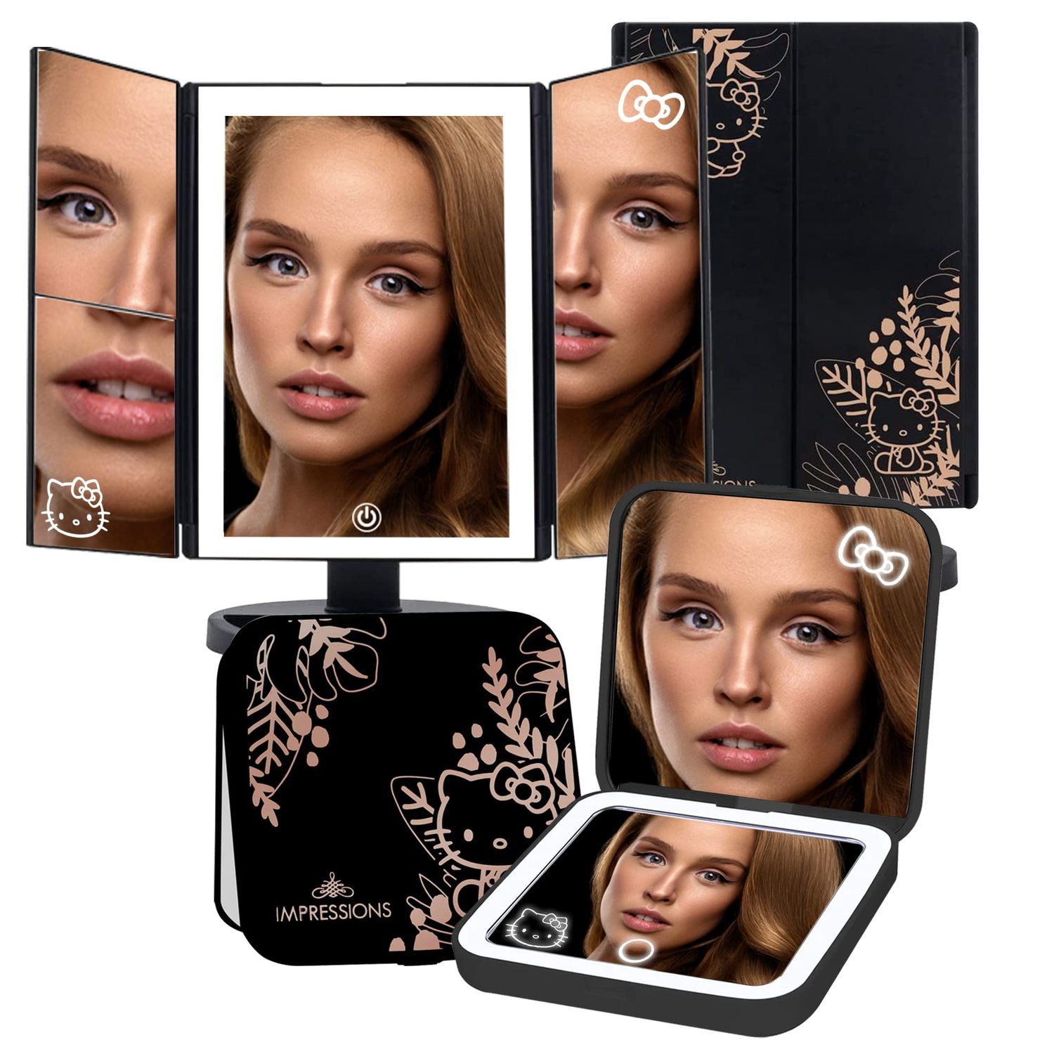 Impressions Vanity Hello Kitty Lighted Makeup Mirrors Bundle, Supercute Trifold and Compact Mirror with LED Lights, Magnification, Touch Screen, Travel Accessories Portable Hand Mirror (Black)