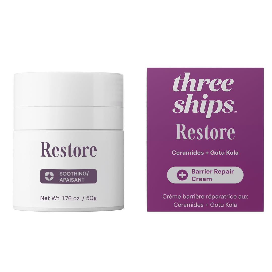 Three Ships Restore Barrier Repair Cream with Ceramides + Gotu Kola - Supports Skin Barrier, Soothes Redness, Lightweight Daily Face Moisturizer (40g)