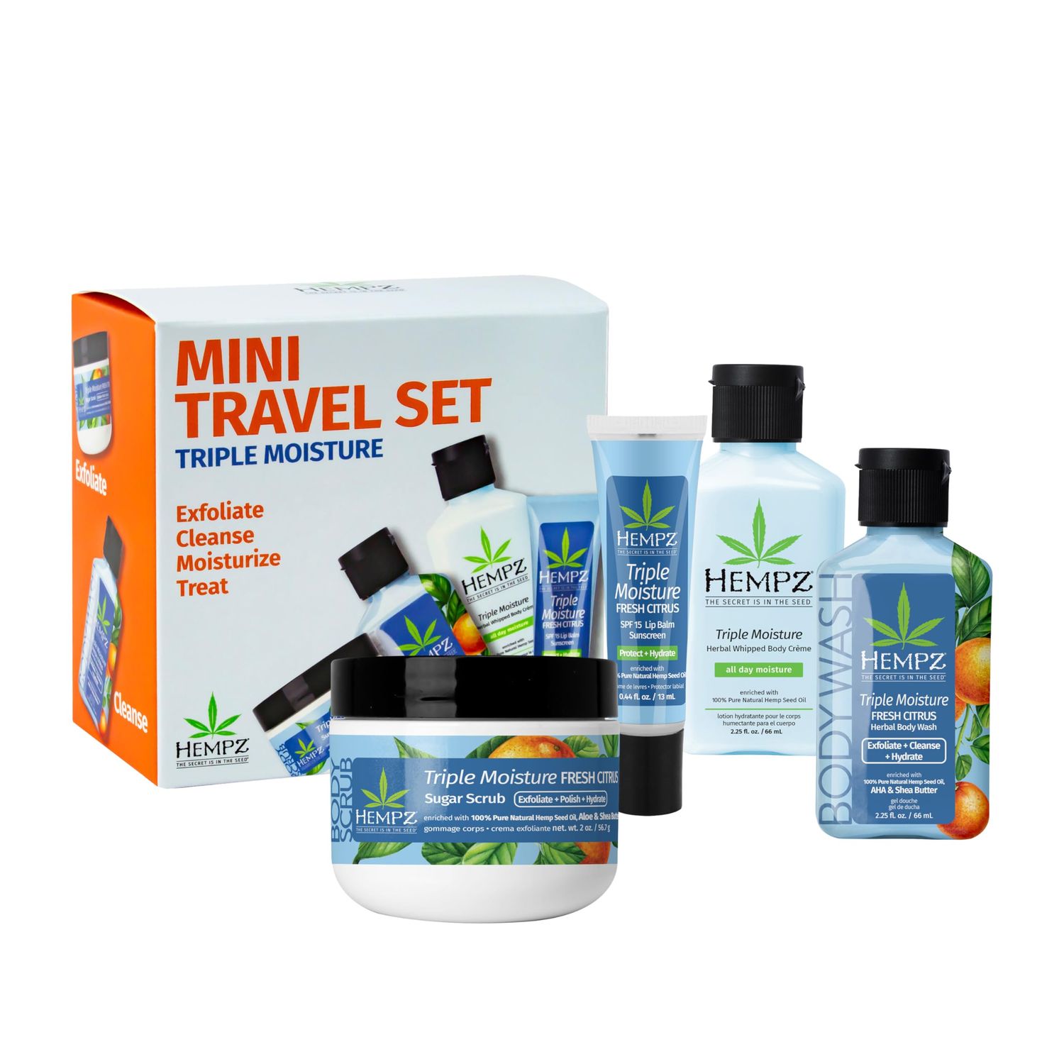 Hempz Mini Sweet Treats, Travel Kit, Mini Body Wash, Body Lotion, Body Scrub and Lip Balm, Triple Moisture Scent, 4 Piece Gift Set