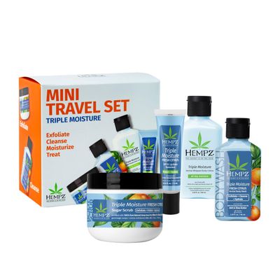 Hempz Mini Sweet Treats, Travel Kit, Mini Body Wash, Body Lotion, Body Scrub and Lip Balm, Triple Moisture Scent, 4 Piece Gift Set