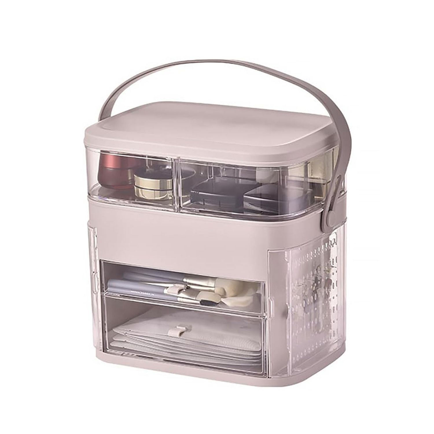 LKEUYUI Makeup Organizer with LED Mirror Skin Care Organizer with Jewelry Holder Dustproof &amp; Waterproof Portable Hand Strap Skincare Organizer for Bathroom Bedroom Countertop or Vanity(Pink)