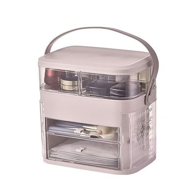 LKEUYUI Makeup Organizer with LED Mirror Skin Care Organizer with Jewelry Holder Dustproof &amp; Waterproof Portable Hand Strap Skincare Organizer for Bathroom Bedroom Countertop or Vanity(Pink)