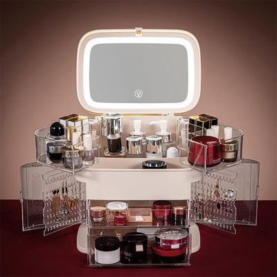 LKEUYUI Makeup Organizer with LED Mirror Skin Care Organizer with Jewelry Holder Dustproof & Waterproof Portable Hand Strap Skincare Organizer for Bathroom Bedroom Countertop or Vanity(Pink)
