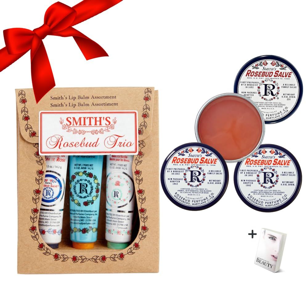 Smith&#39;s Rosebud Lip Balm Bulk- 3x0.5oz Premium All Purpose Lip Gloss Tubes &amp; 3x0.8oz Lip Treatment Salve- Rosebud Trio Lip Balm Tubes for Plump Lips &amp; Cracked Skin Care - Christmas Gift Set, EBook