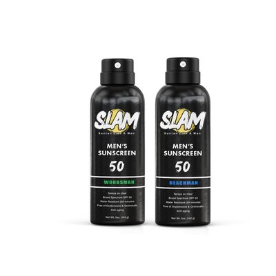 SLAM WoodsMan &amp; BeachMan Bundle - Men&#39;s Scented Sunscreen, Sunscreen Spray, Water Resistant Sunscreen, Paraben Free, Broad Spectrum UVA/UVB Sunscreen (Large, 50, Sun Protection Factor (SPF))