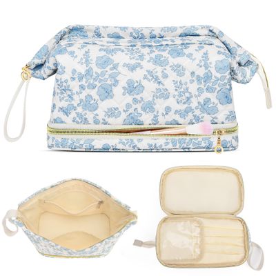 Large Makeup Bag, Quilted Cosmetic Bag, Large Floral Make Up Bag for Women, Cute Floral Skin Care Bag Double Layer Makeup Bags Flower Travel Toiletry Bag - Blue Flower
