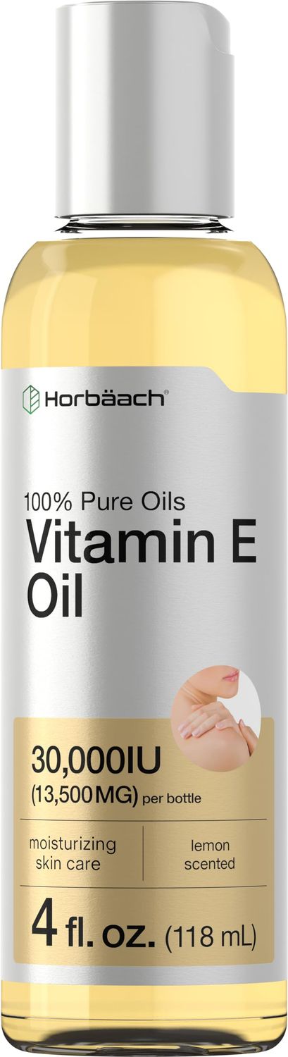 Horbach Vitamin E Oil For Skin 30,000 IU | 4 fl oz | 100% Pure Oils | Moisturizing Skin Care | Non-GMO, Vegetarian | Lemon Scented