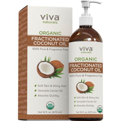 Viva Naturals Organic Fractionated Coconut Oil - Skin &amp; Hair Moisturizer, Relaxing Massage and Body Oil, Carrier Oil for Essential Oils Mixing, Pure Non-Greasy Coconut Oil for Skin and Hair, 16 fl oz